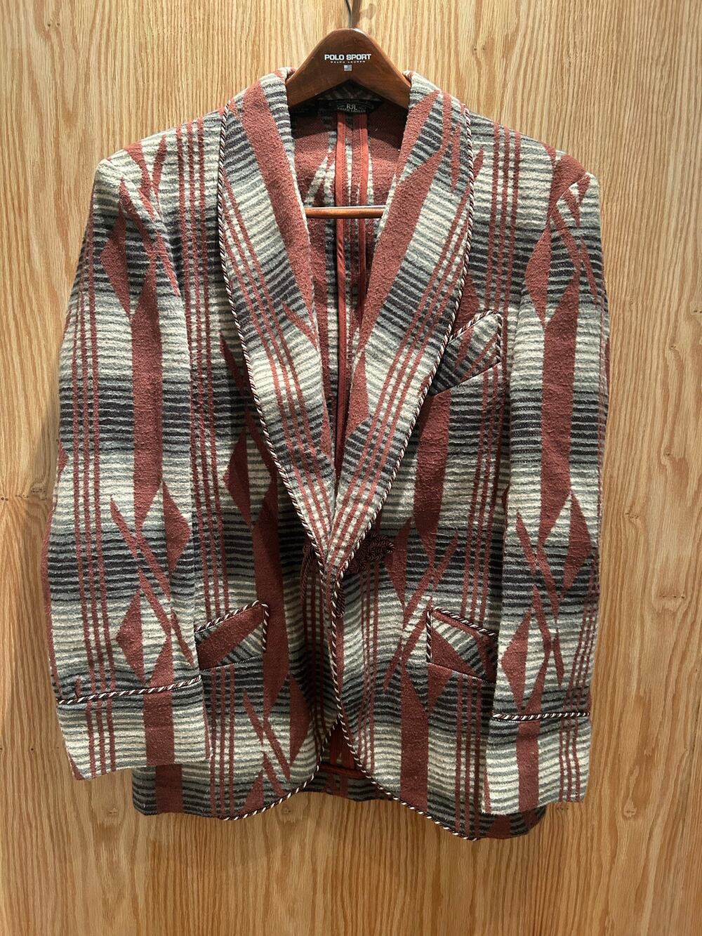 Vintage 1990s RRL by RALPH LAUREN L Brown Grey Navajo Cotton Sport Smoking Coat - Picture 1 of 3
